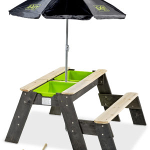 EXIT Aksent zand- water- en picknicktafel - 1 bankje met parasol en tuingereedschap ~ Spinze.nl