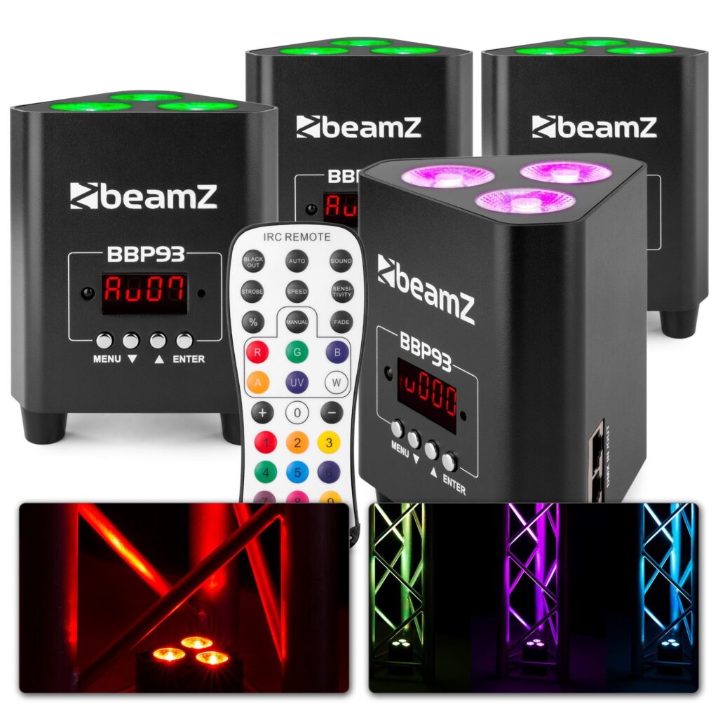 BeamZ BBP93 - Set van 4 accu Uplights 3x 10W met afstandsbediening ~ Spinze.nl