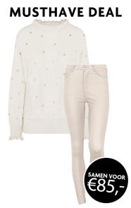 Musthave Deal Hartjes Ruffle Trui + Coating Jeans Beige ~ Spinze.nl