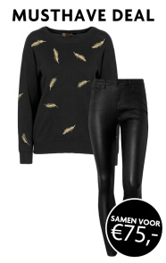 Musthave Deal Metallic Feather Trui Zwart + Coating Jeans Black ~ Spinze.nl