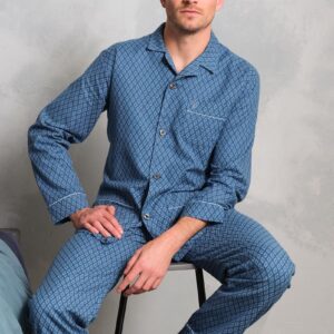 Robson flanellen doorknoop pyjama blauw ~ Spinze.nl
