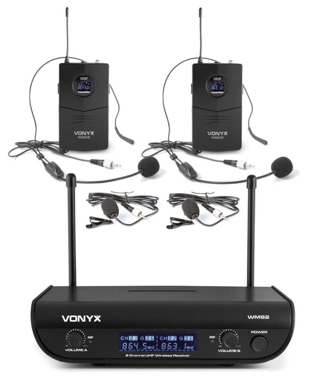 Vonyx WM82 draadloze microfoonset met twee UHF bodypacks en headsets ~ Spinze.nl