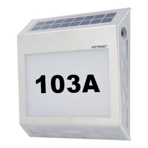 HOFTRONIC™ Numa - Solar verlicht huisnummer met 8 LED&apos;s - Solar huisnummer verlichting - met schemerschakelaar - 3000K warm wit - zilver - IP65 waterdicht ~ Spinze.nl