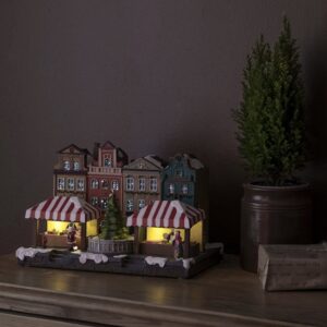 Konstsmide Kersthuis verlichting - Grachtpanden met marktkramen en kerstboom - met muziek - Kerstkandelaar ~ Spinze.nl