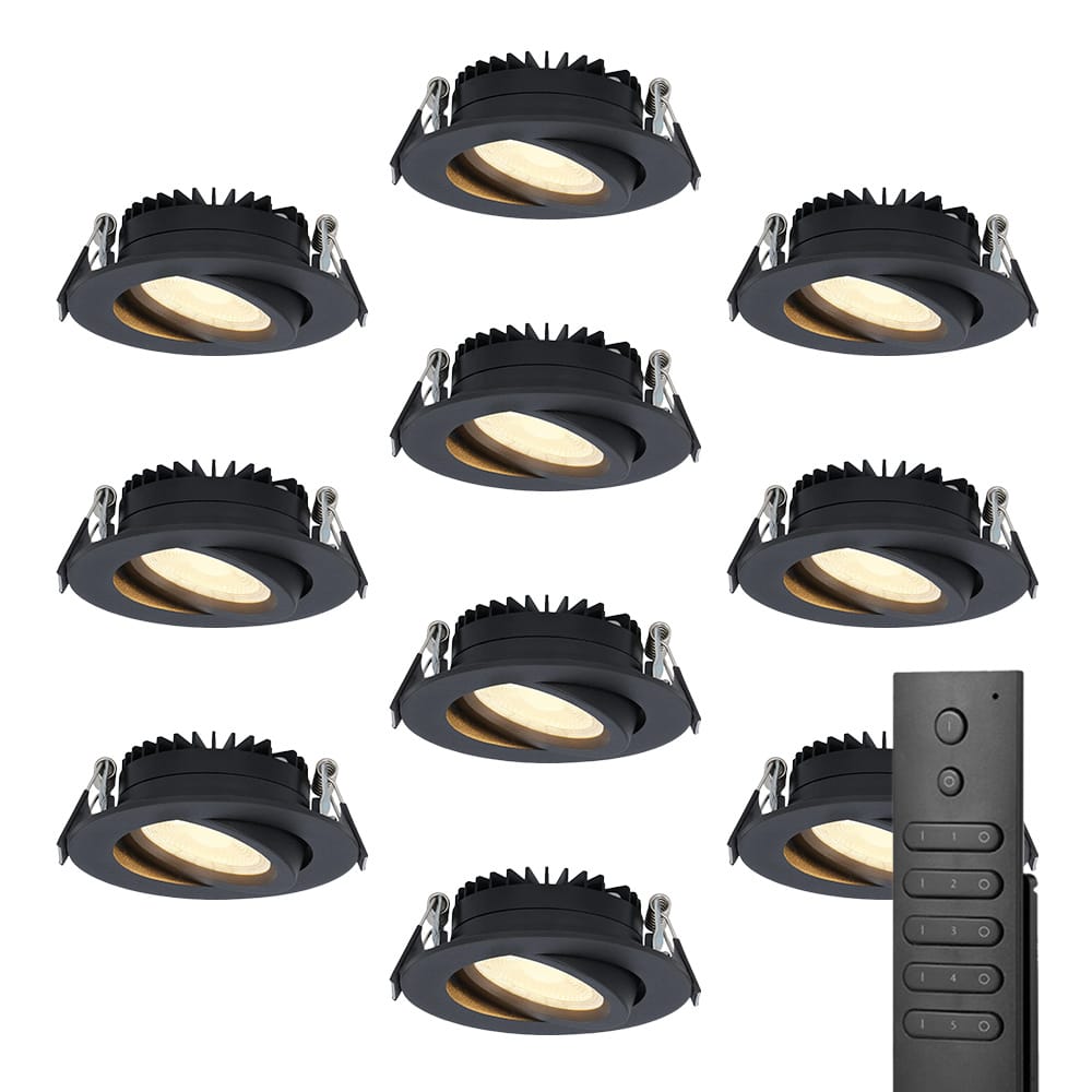 10x LED inbouwspots Rome - Zwart - 6 Watt 500 lumen - Kantelbaar - Dimbaar - 2700K warm wit - IP44 Waterdicht - Inclusief afstandsbediening - Geringe inbouwdiepte | HOFTRONIC