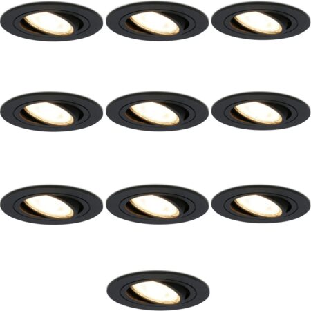 10x Miro LED inbouwspot - GU10 4 Watt 345 Lumen - 2700K Warm wit - Dimbaar - Rond - Kantelbaar - IP20 Voor binnen - Zwart | HOFTRONIC