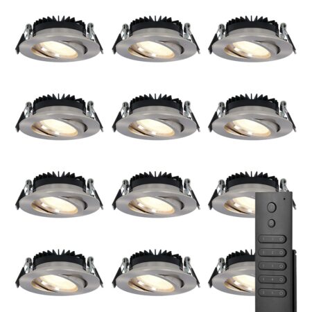 12x LED inbouwspots Rome - RVS - 6 Watt 500 lumen - Kantelbaar - Dimbaar - 2700K warm wit - IP44 Waterdicht - Inclusief afstandsbediening - Geringe inbouwdiepte | HOFTRONIC