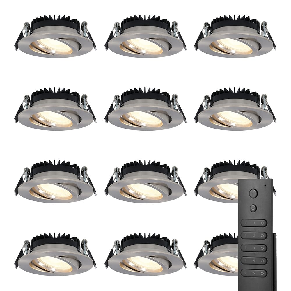 12x LED inbouwspots Rome - RVS - 6 Watt 500 lumen - Kantelbaar - Dimbaar - 2700K warm wit - IP44 Waterdicht - Inclusief afstandsbediening - Geringe inbouwdiepte | HOFTRONIC