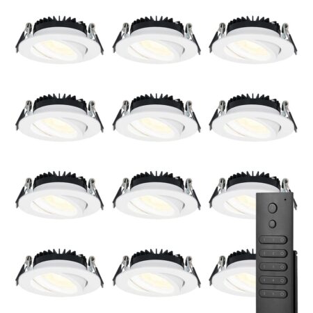 12x LED inbouwspots Rome - Wit - 6 Watt 500 lumen - Kantelbaar - Dimbaar - 2700K warm wit - IP44 Waterdicht - Inclusief afstandsbediening - Geringe inbouwdiepte | HOFTRONIC