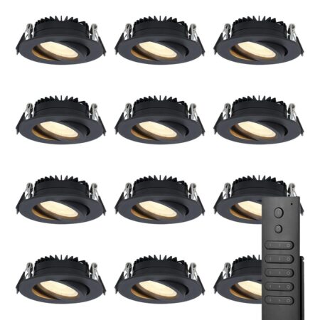 12x LED inbouwspots Rome - Zwart - 6 Watt 500 lumen - Kantelbaar - Dimbaar - 2700K warm wit - IP44 Waterdicht - Inclusief afstandsbediening - Geringe inbouwdiepte | HOFTRONIC