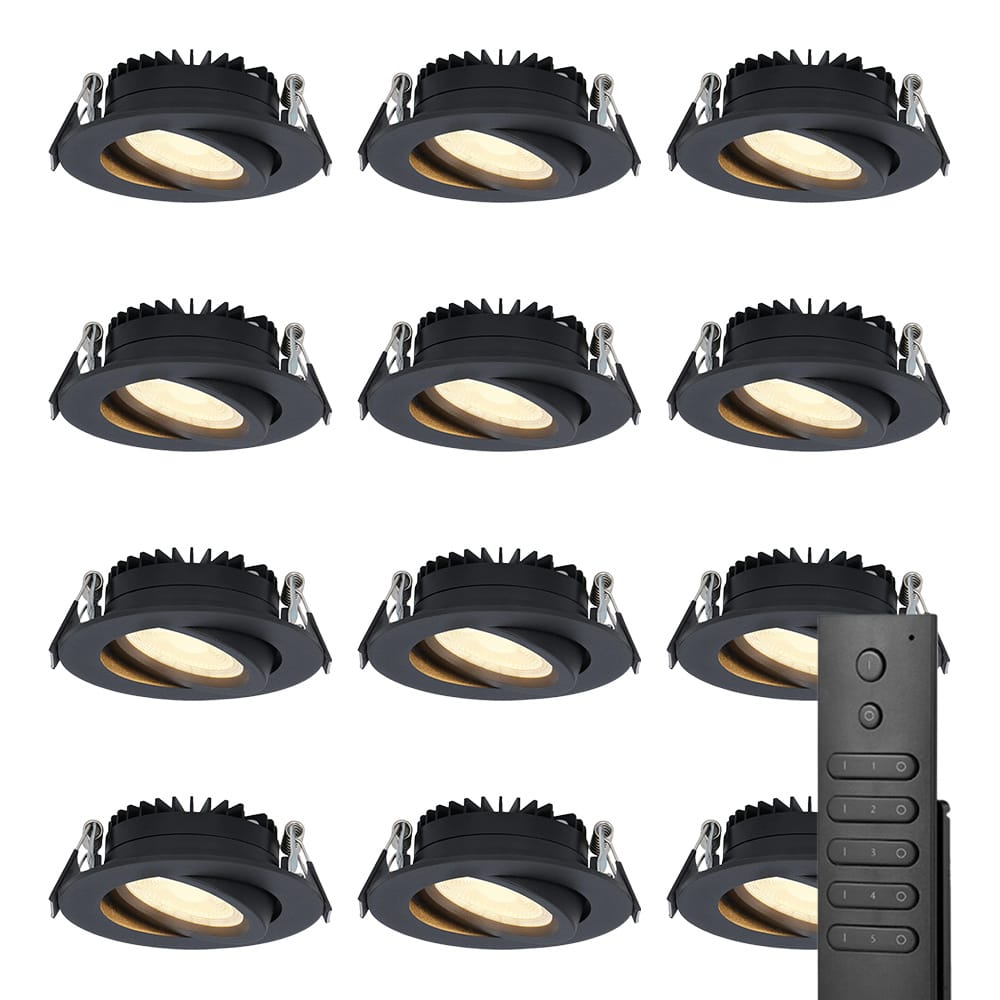 12x LED inbouwspots Rome - Zwart - 6 Watt 500 lumen - Kantelbaar - Dimbaar - 2700K warm wit - IP44 Waterdicht - Inclusief afstandsbediening - Geringe inbouwdiepte | HOFTRONIC
