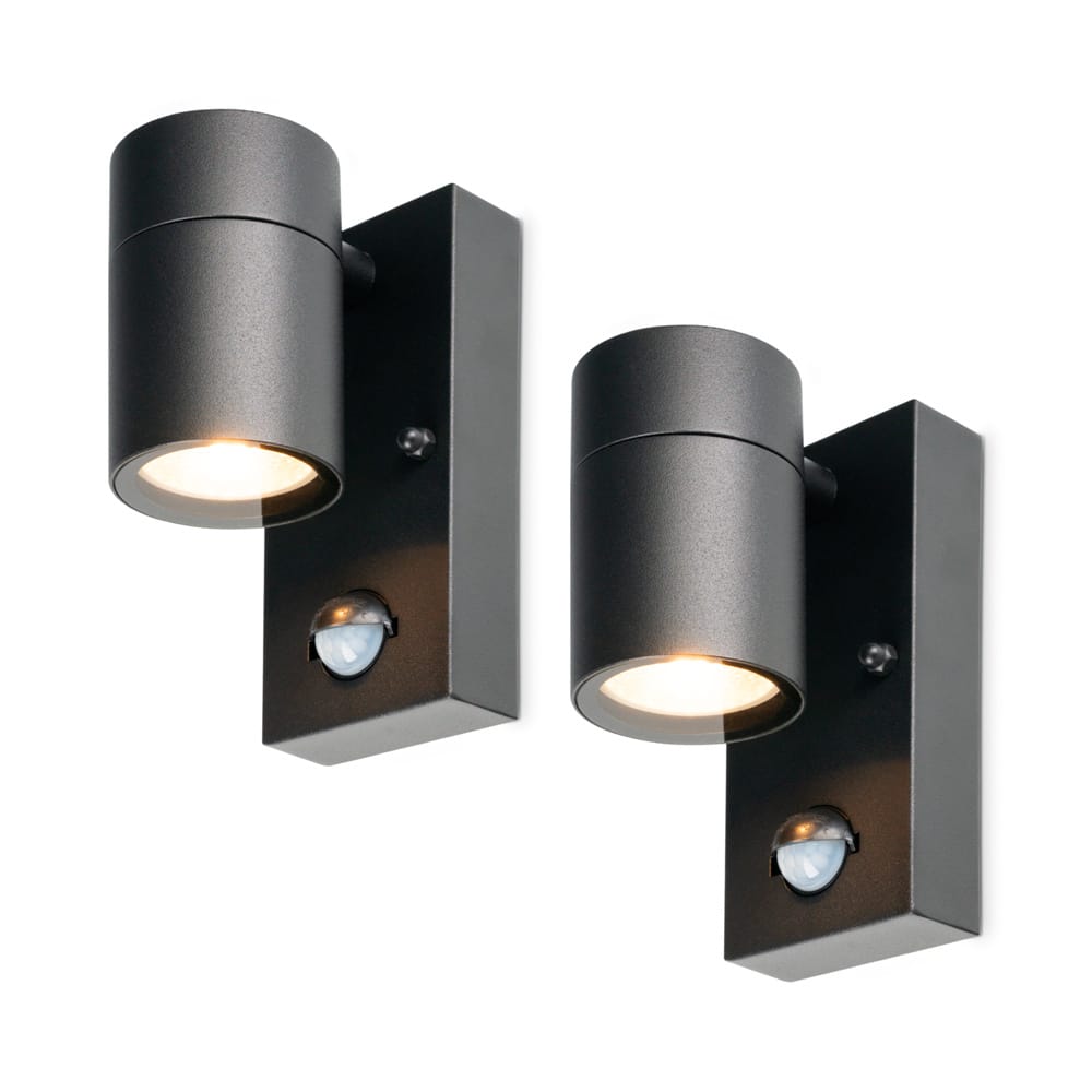 2-Pack Mason wandlampen - Zwart - Bewegingsmelder en schemerschakelaar - IP44 spatwaterdicht - Spotlight voor binnen en buiten - Exclusief GU10 lichtbron | HOFTRONIC