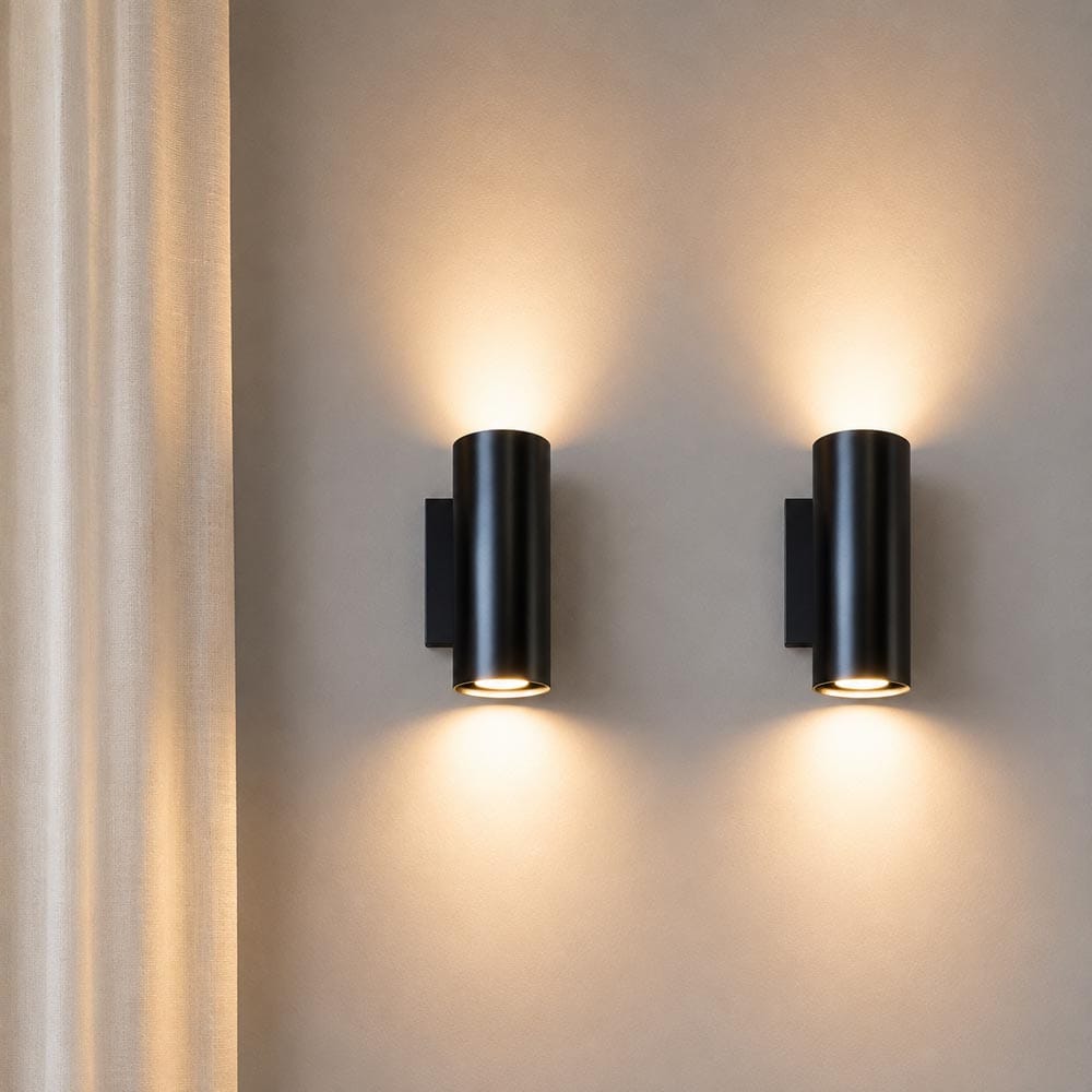 2x Giove notte nera by LUSENZ - Up and down licht met karakter - Cilindervormige wandlamp met een geborstelde zwarte coating | LUSENZ