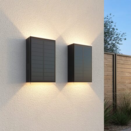 2x Jovi Solar LED Wandlamp - Incl. Schemerschakelaar - Up & Down light - 2700K warm wit - Zwart - IP65 waterdicht - 70 lumen - Tuinverlichting - Buitenlamp - Solar schutting verlichting | HOFTRONIC