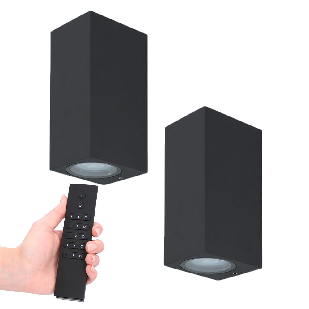 2x LED wandlamp Selma Zwart - Dimbaar - 8 watt 690 lumen - 2700K warm wit- GU10 - Up & Down light - IP65 Waterdicht - Incl. dimmer met afstandsbediening - tuinverlichting | HOFTRONIC