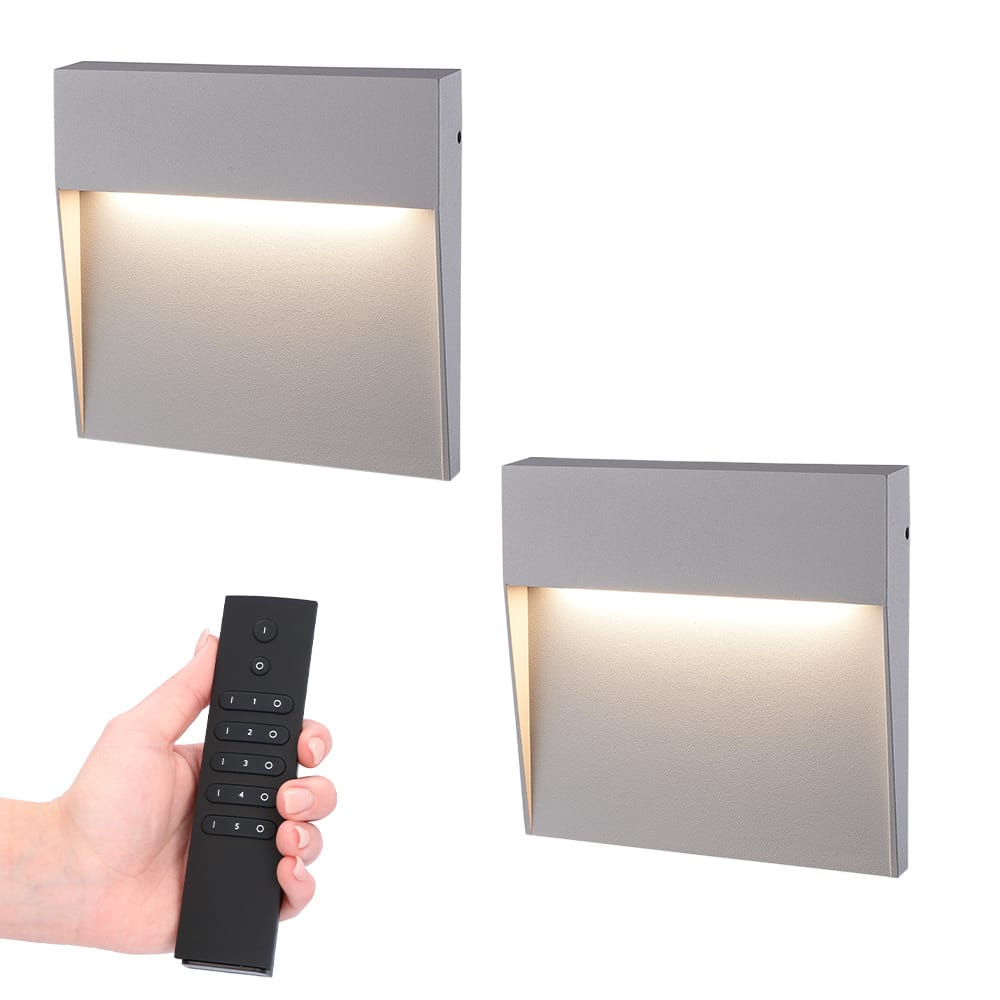 2x Logan LED Wandlamp - Dimbaar - Grijs - 6 Watt 280 lumen - 3000K warm wit - IP54 waterdicht - Incl. dimmer met afstandsbediening | HOFTRONIC