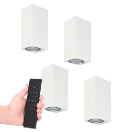 4x LED wandlamp Selma Wit - Dimbaar - 8 watt 690 lumen - 2700K warm wit- GU10 - Up & Down light - IP65 Waterdicht - Incl. dimmer met afstandsbediening - tuinverlichting | HOFTRONIC