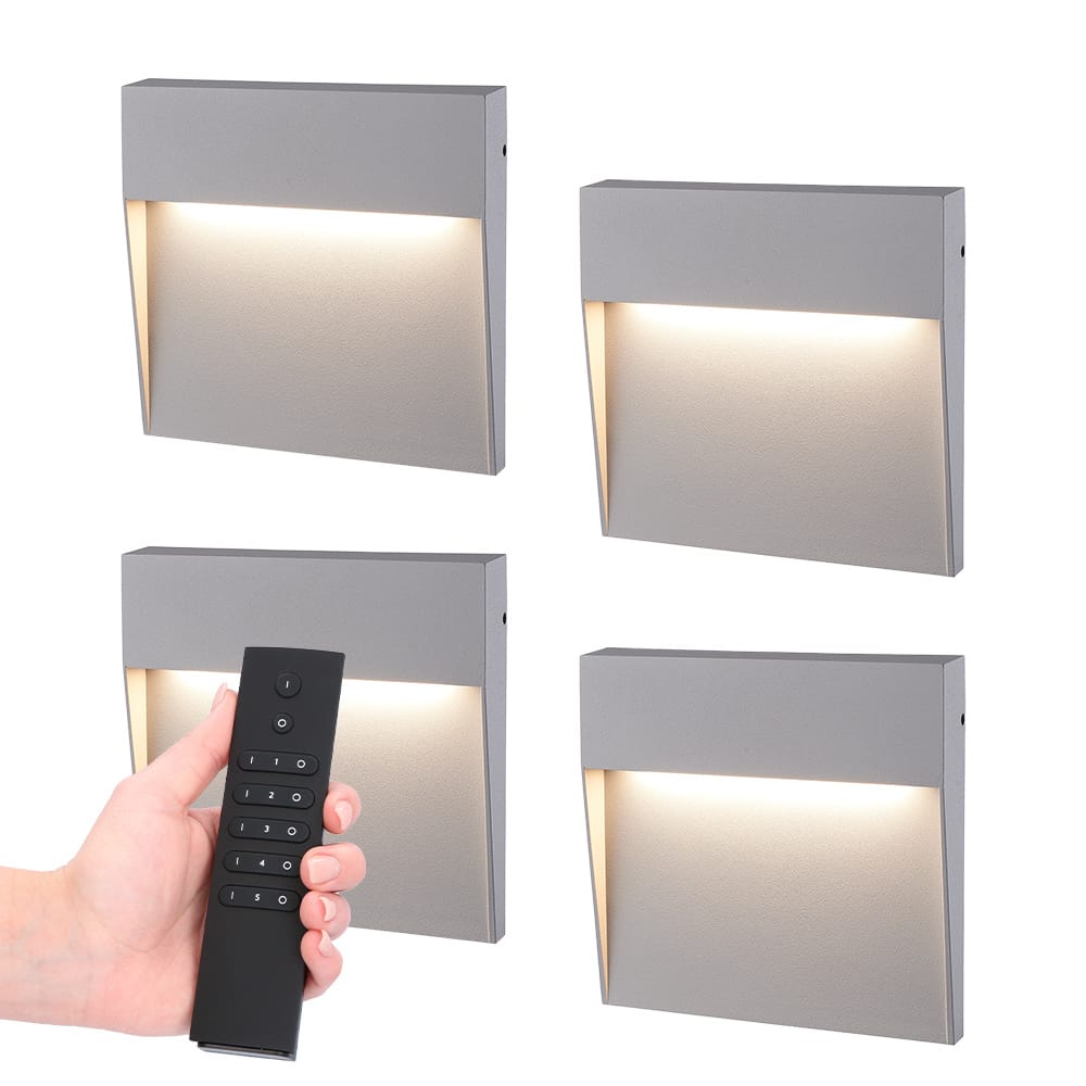 4x Logan LED Wandlamp - Dimbaar - Grijs - 6 Watt 280 lumen - 3000K warm wit - IP54 waterdicht - Incl. dimmer met afstandsbediening | HOFTRONIC