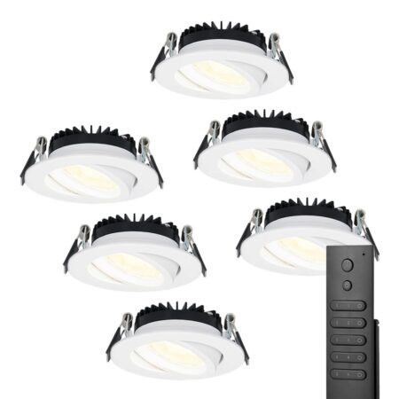 6x LED inbouwspots Rome - Wit - 6 Watt 500 lumen - Kantelbaar - Dimbaar - 2700K warm wit - IP44 Waterdicht - Inclusief afstandsbediening - Geringe inbouwdiepte | HOFTRONIC