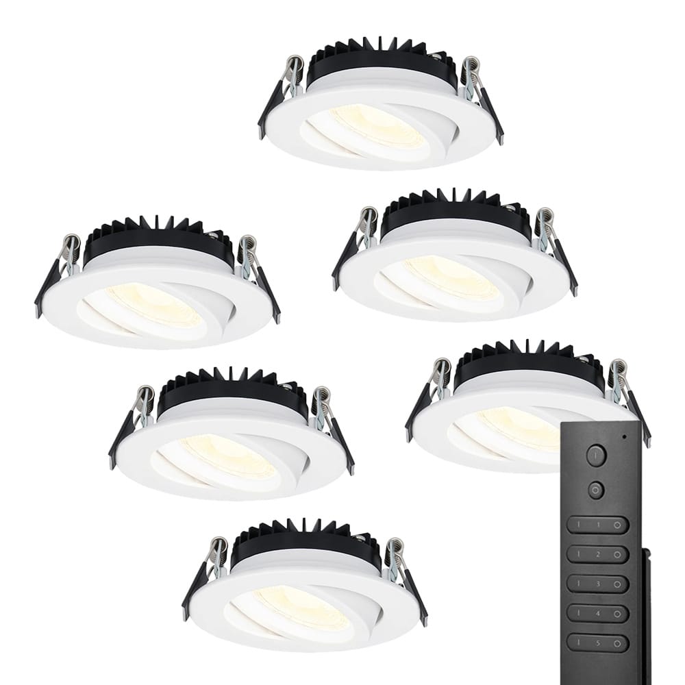 6x LED inbouwspots Rome - Wit - 6 Watt 500 lumen - Kantelbaar - Dimbaar - 2700K warm wit - IP44 Waterdicht - Inclusief afstandsbediening - Geringe inbouwdiepte | HOFTRONIC