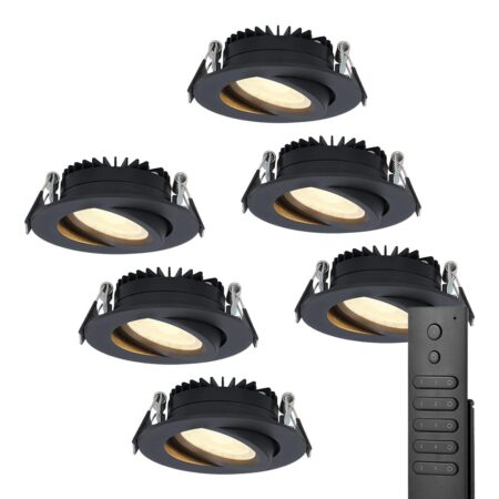 6x LED inbouwspots Rome - Zwart - 6 Watt 500 lumen - Kantelbaar - Dimbaar - 2700K warm wit - IP44 Waterdicht - Inclusief afstandsbediening - Geringe inbouwdiepte | HOFTRONIC
