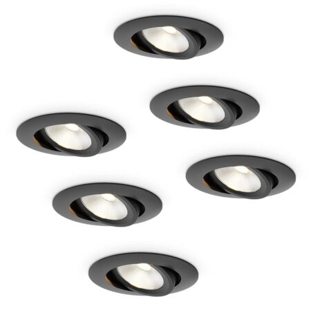 6x Lugo LED Inbouwspots - Zwart - Dimbaar - 5 Watt 450 Lumen - 2700K Warm Wit Licht - Kantelbaar - IP65 - Voor Binnen & Buiten | HOFTRONIC