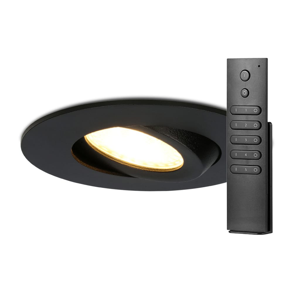 6x Napels inbouwspot - Zwart - Dimbaar - 360° Kantelbaar - 39mm inbouwdiepte - 8 Watt 570 lumen - 2700K warm wit- IP65 waterdicht - met dimmer en afstandsbediening | HOFTRONIC