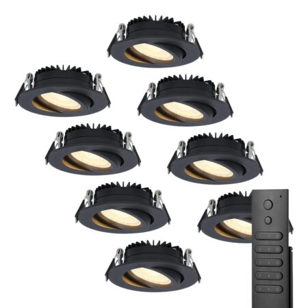8x LED inbouwspots Rome - Zwart - 6 Watt 500 lumen - Kantelbaar - Dimbaar - 2700K warm wit - IP44 Waterdicht - Inclusief afstandsbediening - Geringe inbouwdiepte | HOFTRONIC