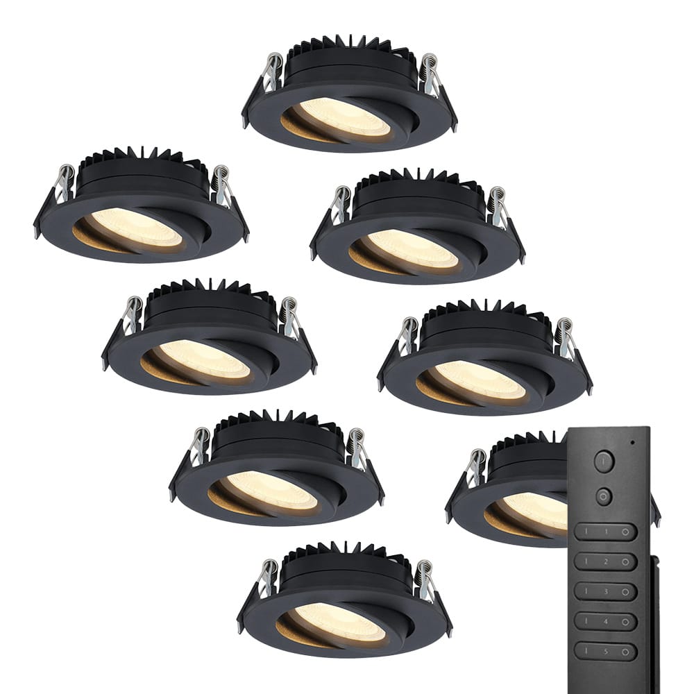 8x LED inbouwspots Rome - Zwart - 6 Watt 500 lumen - Kantelbaar - Dimbaar - 2700K warm wit - IP44 Waterdicht - Inclusief afstandsbediening - Geringe inbouwdiepte | HOFTRONIC