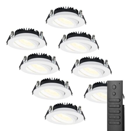 8x Rome LED inbouwspots - Wit - 6W 500lm - Kantelbaar - Dimbaar - 2700K - IP44 - Afstandsbediening | HOFTRONIC
