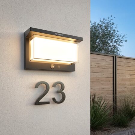 Arlo - Moderne LED Solar wandlamp buiten met sensor - Bewegingssensor & Schemerschakelaar - 4 lichtstanden - 2700K extra warm wit - IP65 waterdicht - Zwart | HOFTRONIC