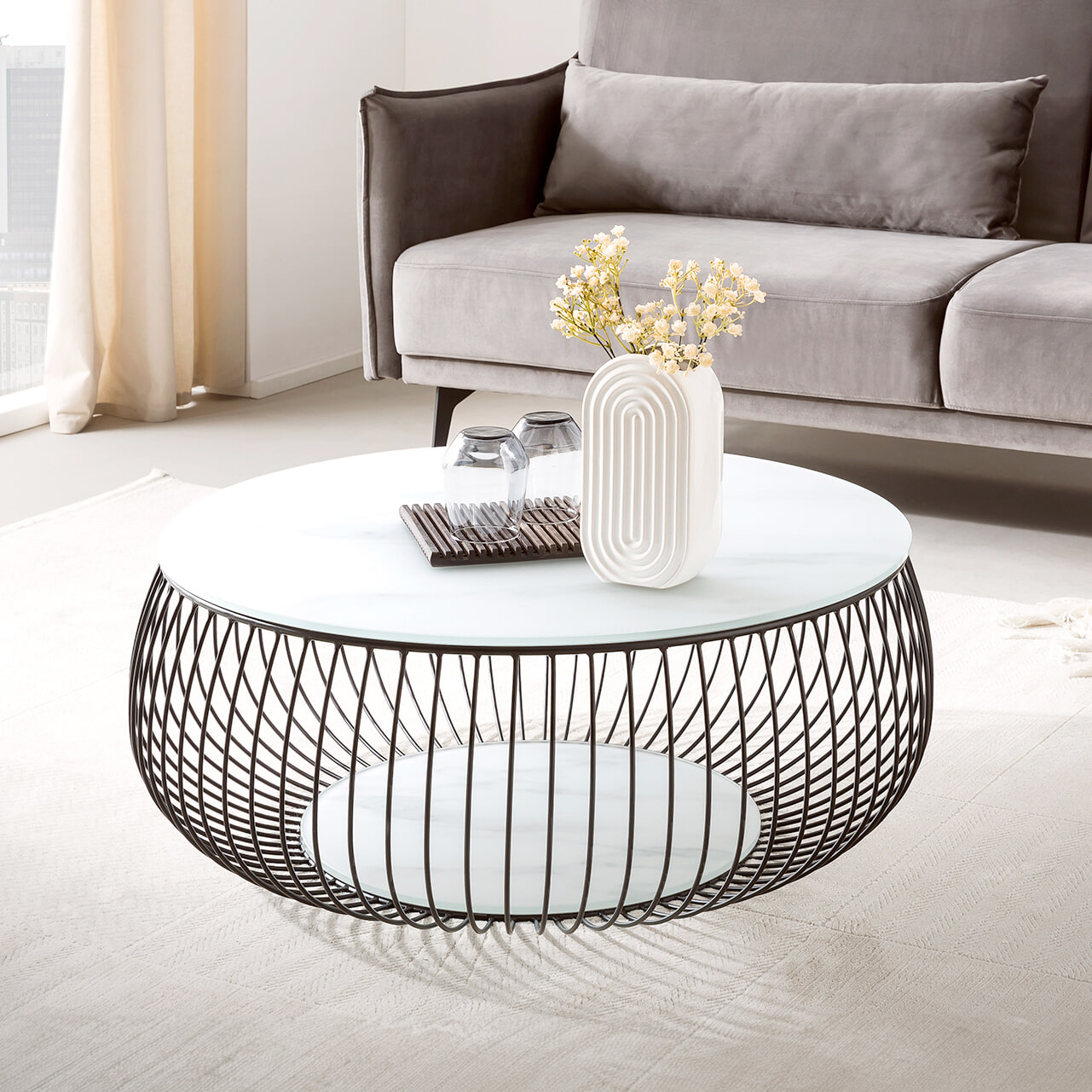Artistiq Ronde Salontafel Johathan Glas 86cm - wit marmerlook | Artistiq Living