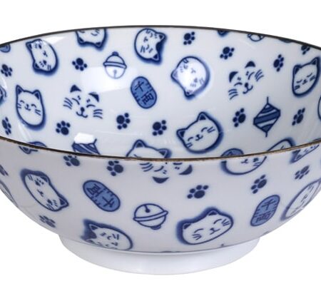 Blauw/Witte Kom - Lucky Cats - 1000ml - 18.2 x 7.7cm | Tokyo Design Studio