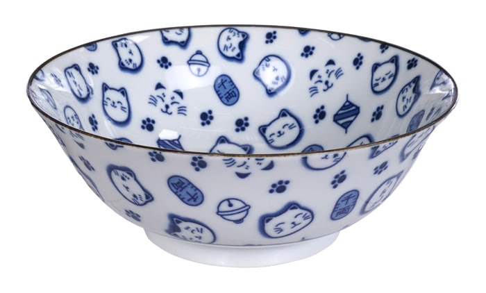 Blauw/Witte Kom - Lucky Cats - 1000ml - 18.2 x 7.7cm | Tokyo Design Studio