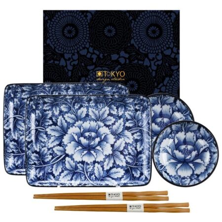 Blauw/Witte Sushiset - Botan - Set van 6 Stuks - 21 x 13.5cm | Tokyo Design Studio