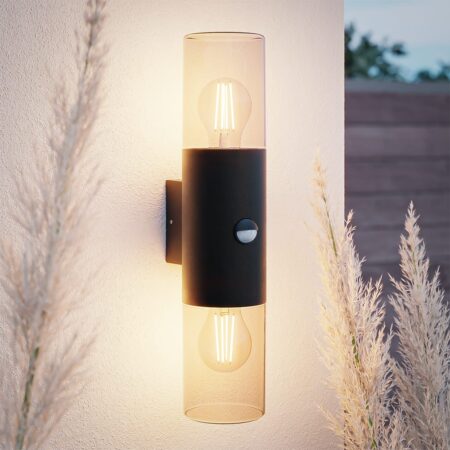 Blaze - LED Wandlamp - Incl. Schemerschakelaar & Bewegingssensor - Up & Down light - E27 Fitting - IP44 Waterdicht - Smokey glas | HOFTRONIC