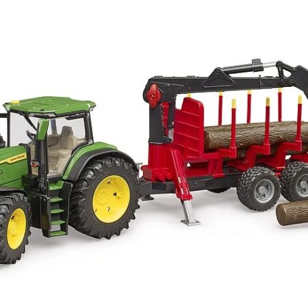Bruder John Deere 7R 350 met houttrailer en 4 boomstammen | Bruder