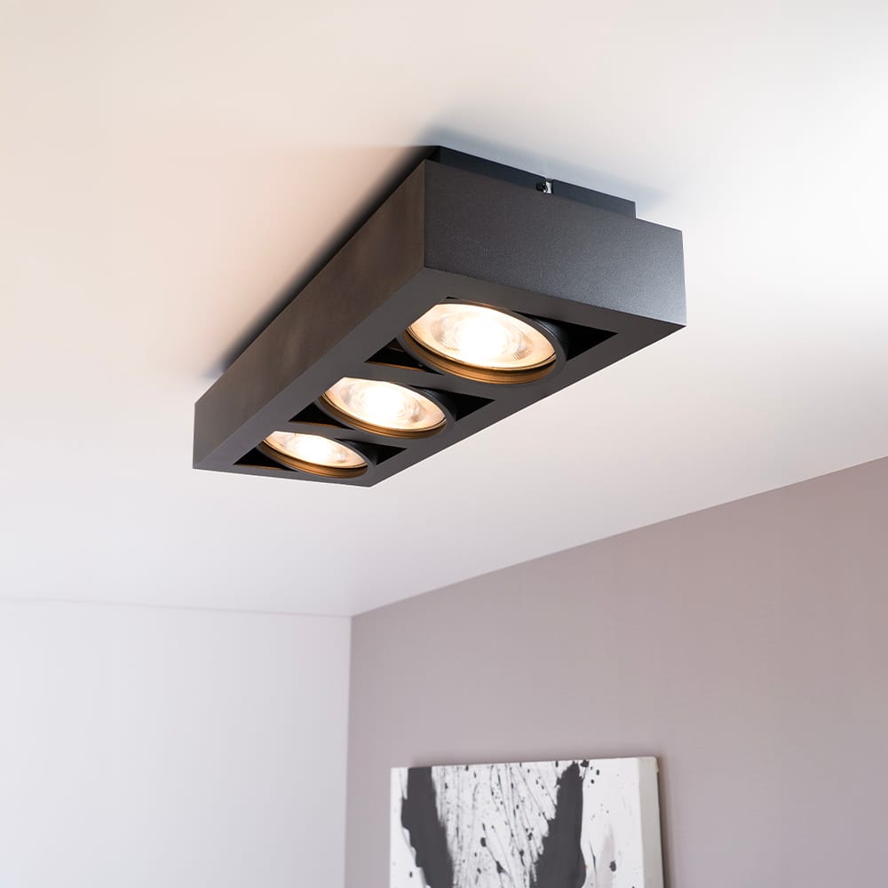 Castor nero III by LUSENZ - Rechthoekige 3-lichts plafondlamp met richtbare spots en matzwarte coating | LUSENZ