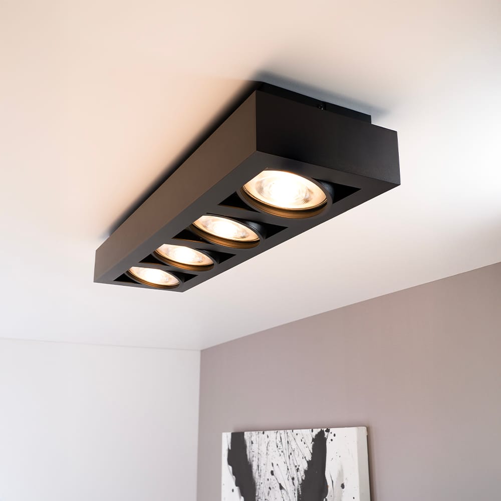 Castor nero IV by LUSENZ - Rechthoekige 4-lichts plafondlamp met richtbare spots en matzwarte coating | LUSENZ