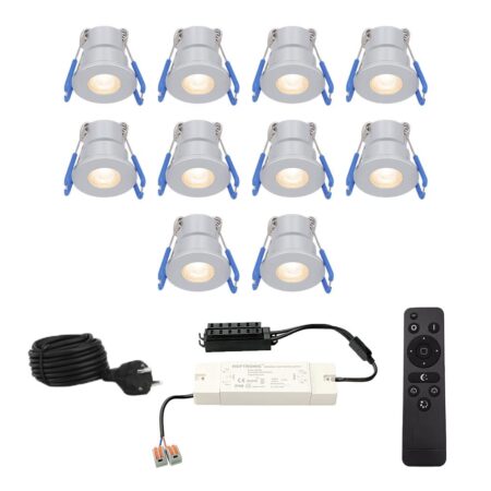 Complete set met 10 Milano inbouwspots 12V - IP65 waterdicht - 2700K warm wit - 3 Watt 200 lumen - RVS - Verandaverlichting - Dimbaar - met afstandsbediening | HOFTRONIC
