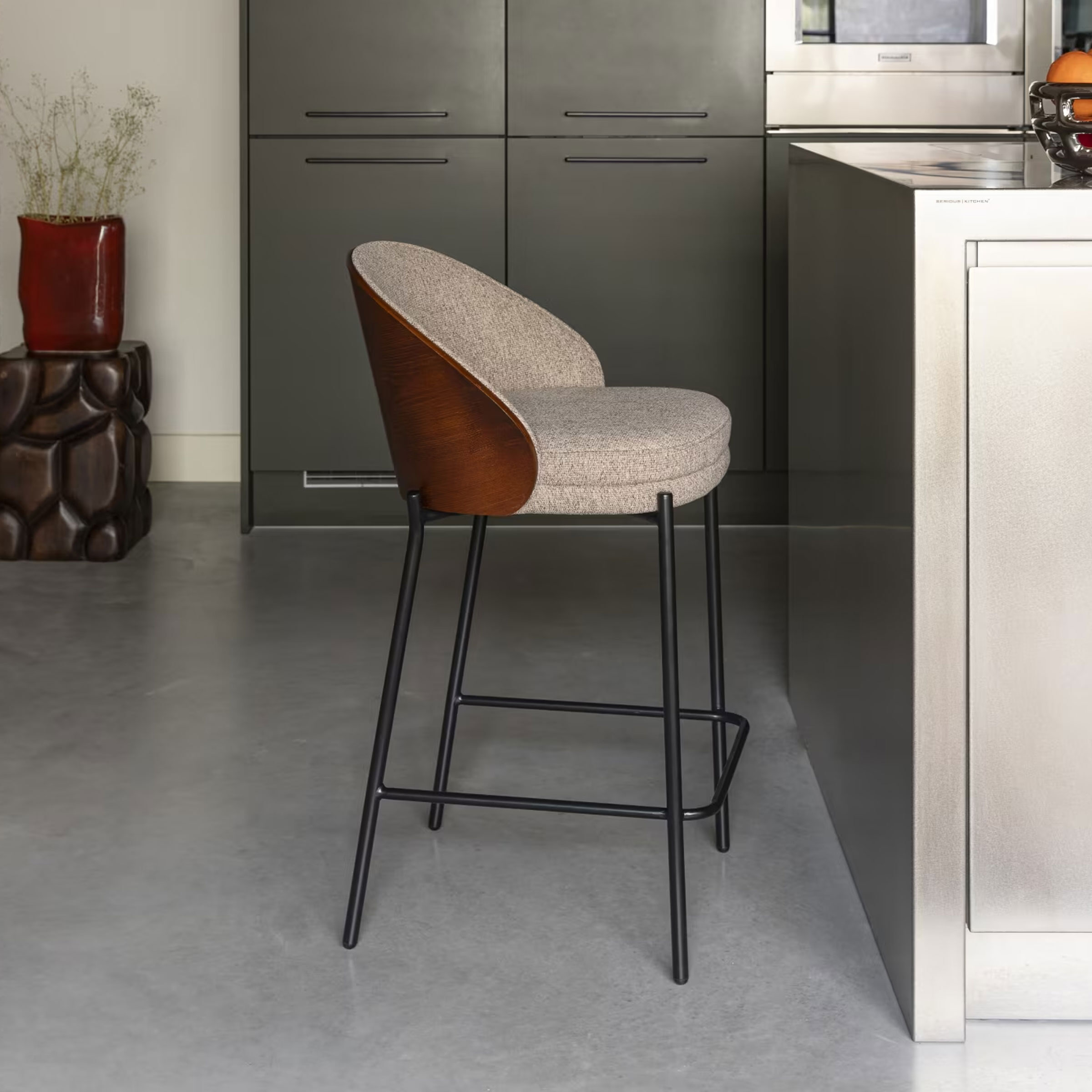 Dutchbone Barkruk Rodin Essenhout en stof - Beige (zithoogte 65cm) | Dutchbone