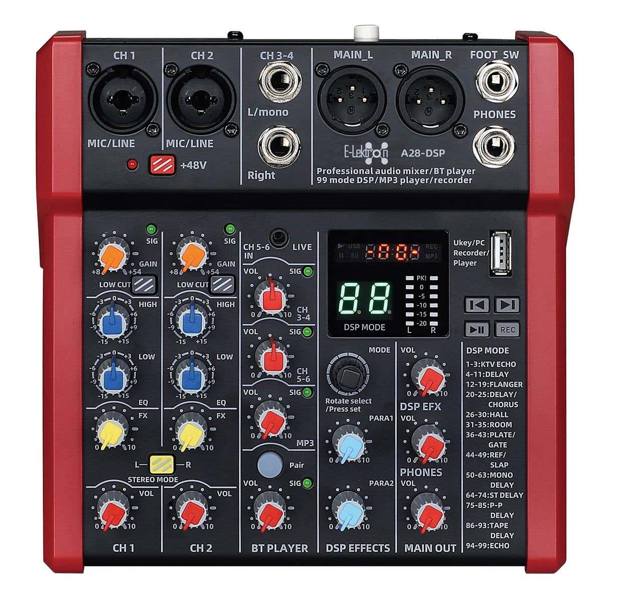 E-Lektron A28-DSP 6 kanaals mengpaneel - USB interface en DSP effecten | E-Lektron