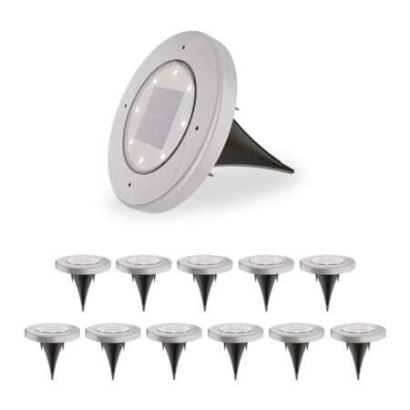 Ellis 12x Solar grondspots - 8 LEDs - 3000K warmwit licht - IP65 waterdicht - Incl. schemerschakelaar - RVS | HOFTRONIC