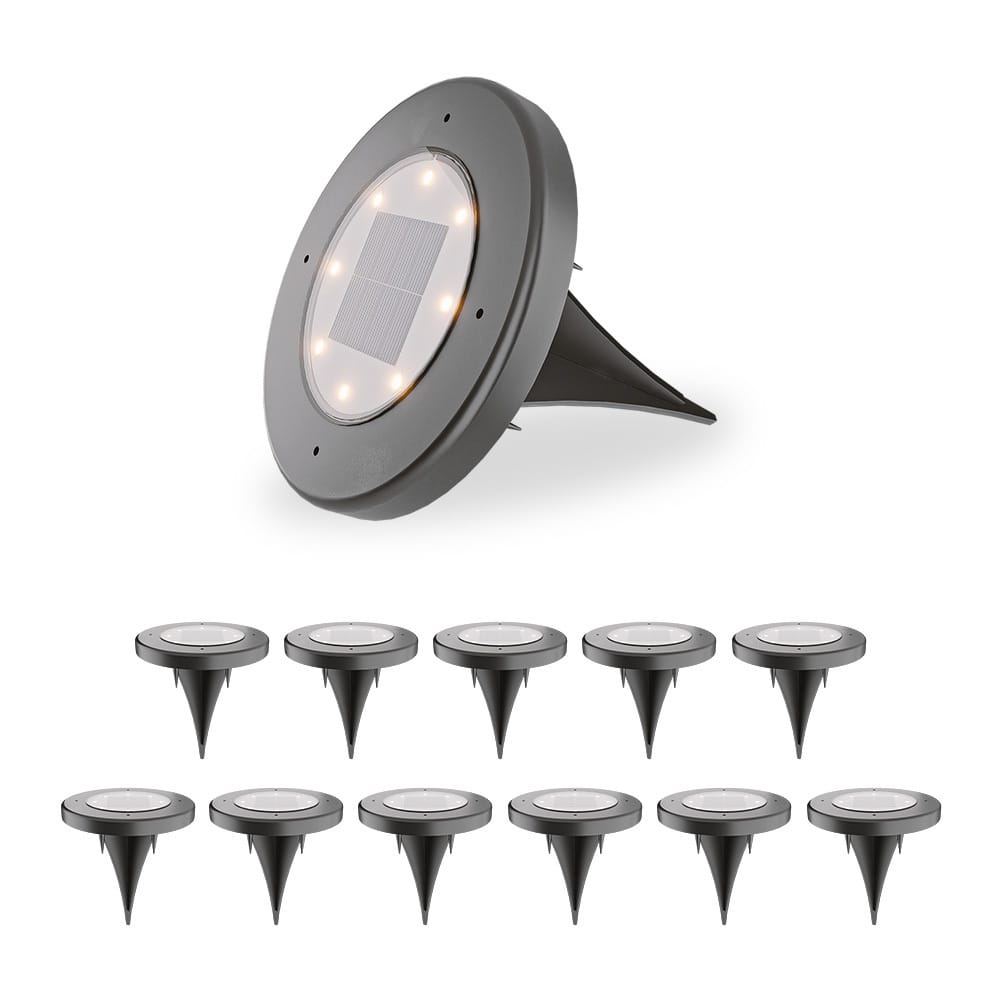 Ellis 12x Solar grondspots - 8 LEDs - 3000K warmwit licht - IP65 waterdicht - Incl. schemerschakelaar - Zwart | HOFTRONIC