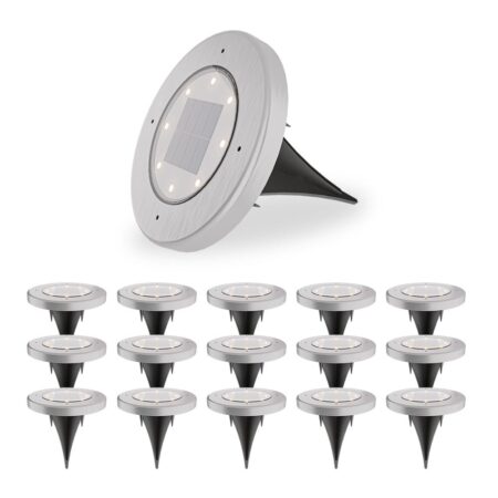 Ellis 16x Solar grondspots - 8 LEDs - 3000K warmwit licht - IP65 waterdicht - Incl. schemerschakelaar - RVS | HOFTRONIC