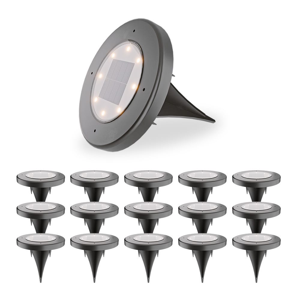 Ellis 16x Solar grondspots - 8 LEDs - 3000K warmwit licht - IP65 waterdicht - Incl. schemerschakelaar - Zwart | HOFTRONIC