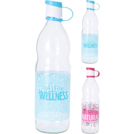 Fles glas 1l met tekst in roze of blauw | Excellent Houseware