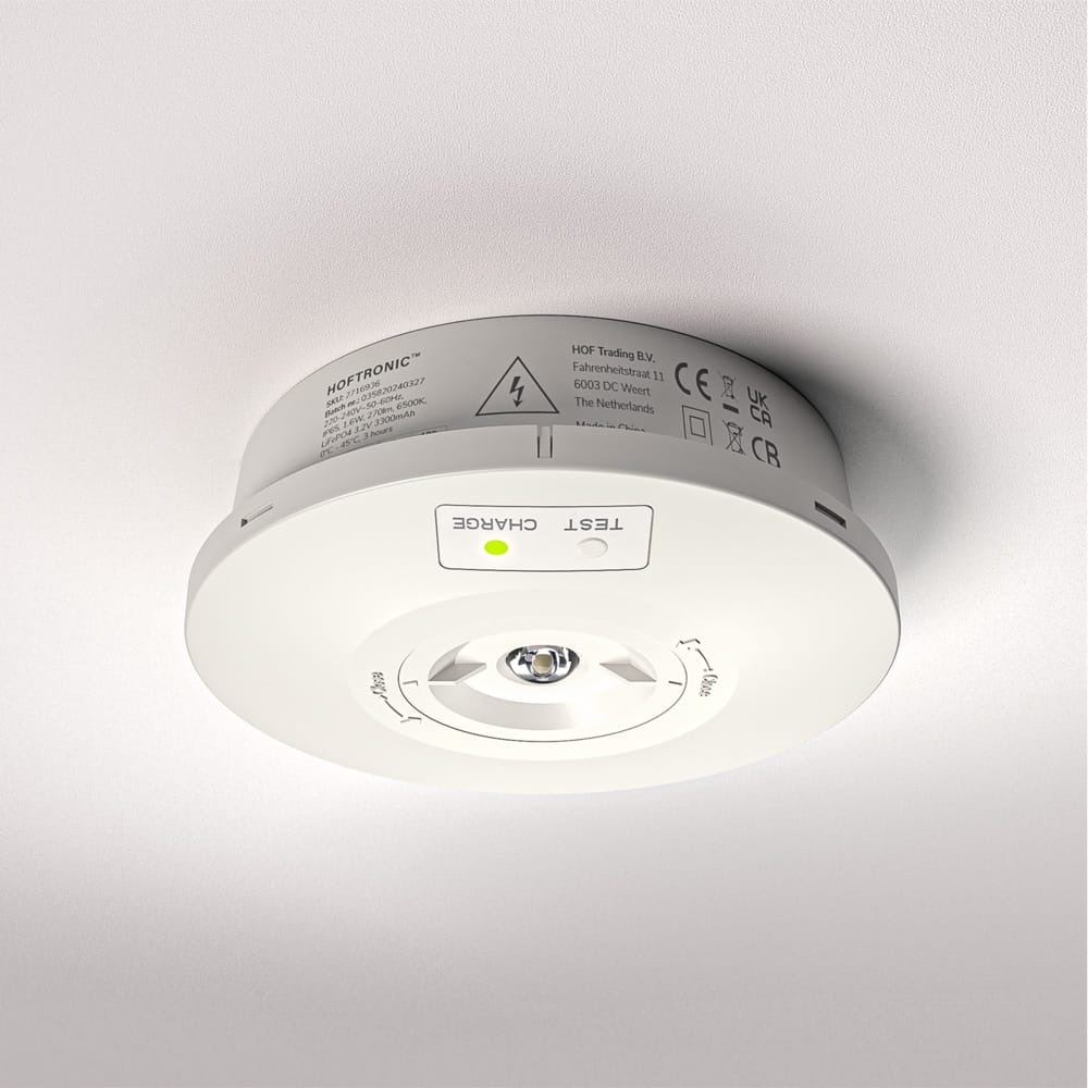 Fuga - LED Opbouwspot Rond Noodverlichting Wit - 3W 280lm - Verwisselbare lens - IP65 - 3 uur noodaccu (3300 mAh) - 6500K - Autotest functie | HOFTRONIC