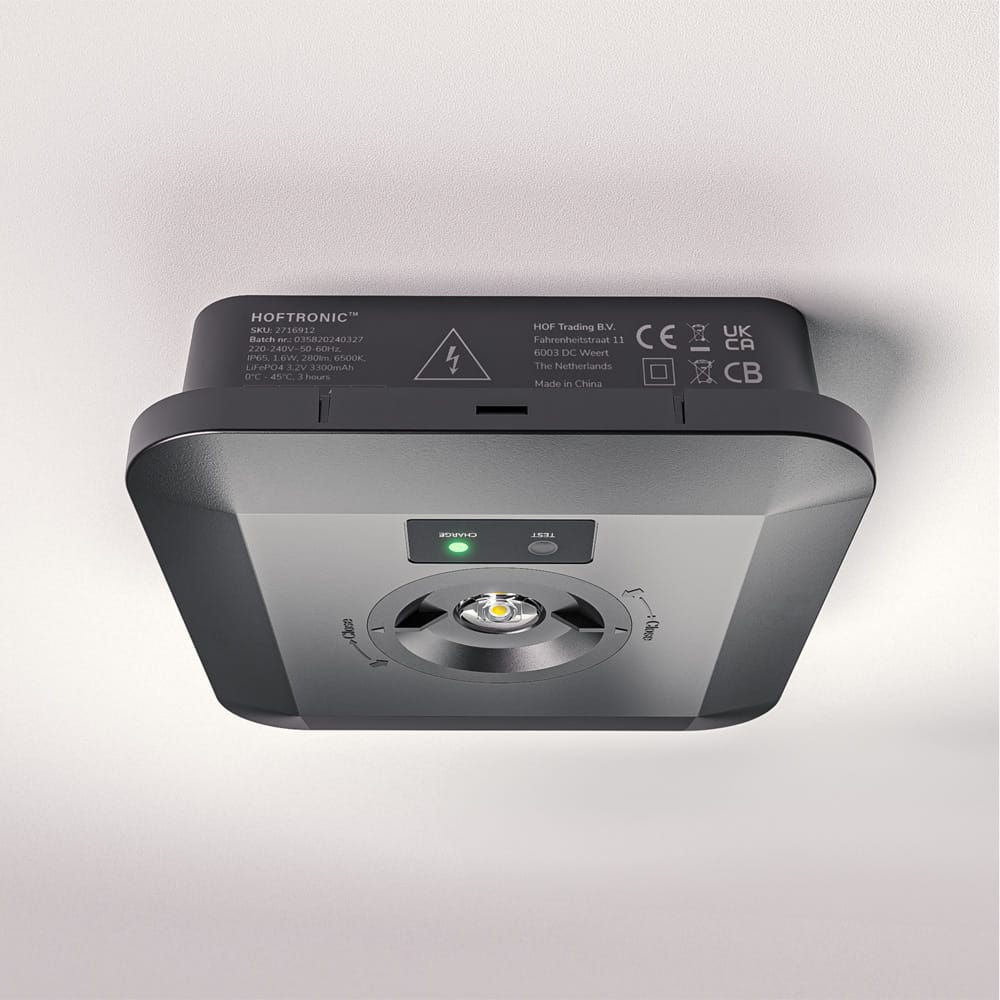Fuga - LED Opbouwspot Vierkant Noodverlichting Zwart - 3 Watt 280 Lumen - Verwisselbare lens - IP65 waterdicht - 3 uur noodaccu (3300mAh)- 6500K daglicht wit | HOFTRONIC