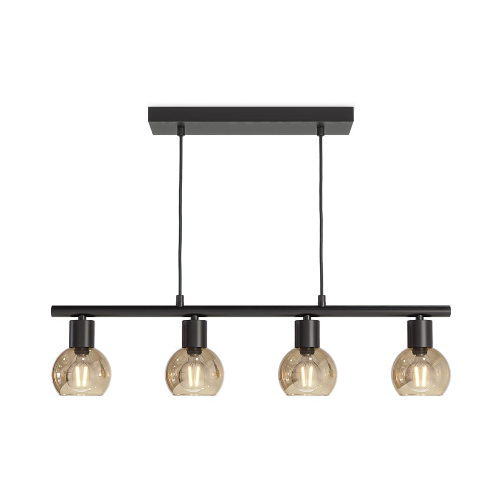 Glazura - LED Hanglamp 4 Lichts - Glazen bollen - Amber glas - Zwart - E14 fittingen | HOFTRONIC